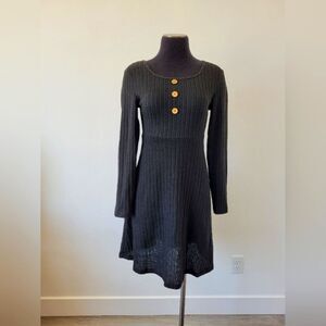 Black Ribbed Midi Dress Cork Buttons Casual Classic Comfy Modest Teacher Small